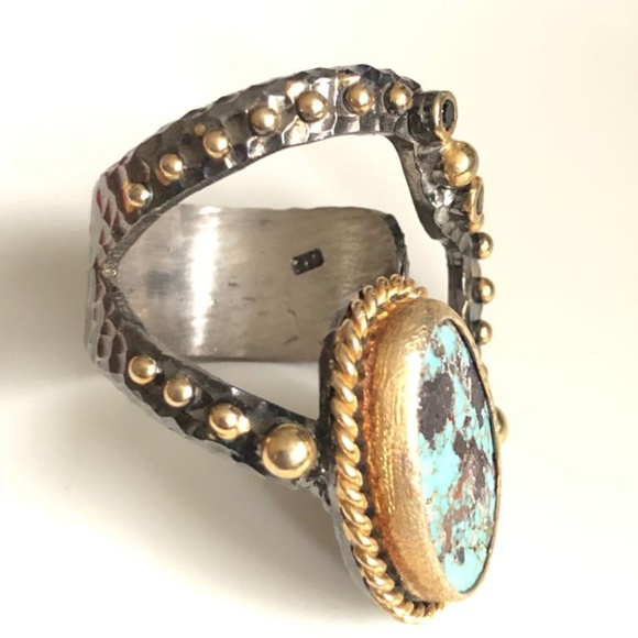 Silver&18K Caribbean Larimar Ocean Green WomenRing - Picture 4 of 6